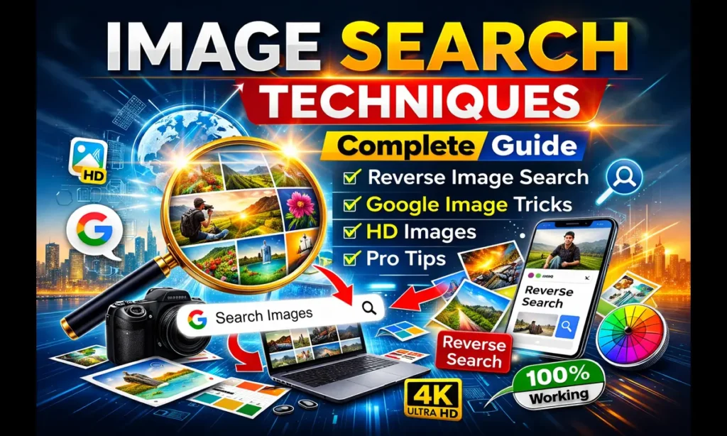 Image search techniques guide showing reverse image search, Google image filters, and HD image search methods